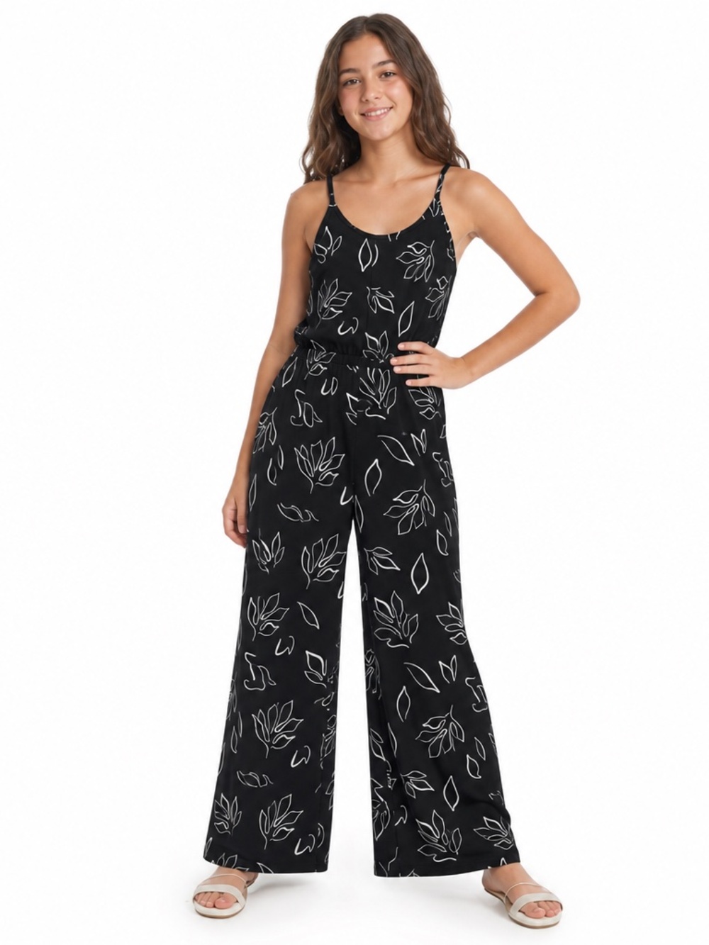 J.o & co Teen Medium  Black/White Abstract Leaf Pattern Jumpsuit - Wide Leg